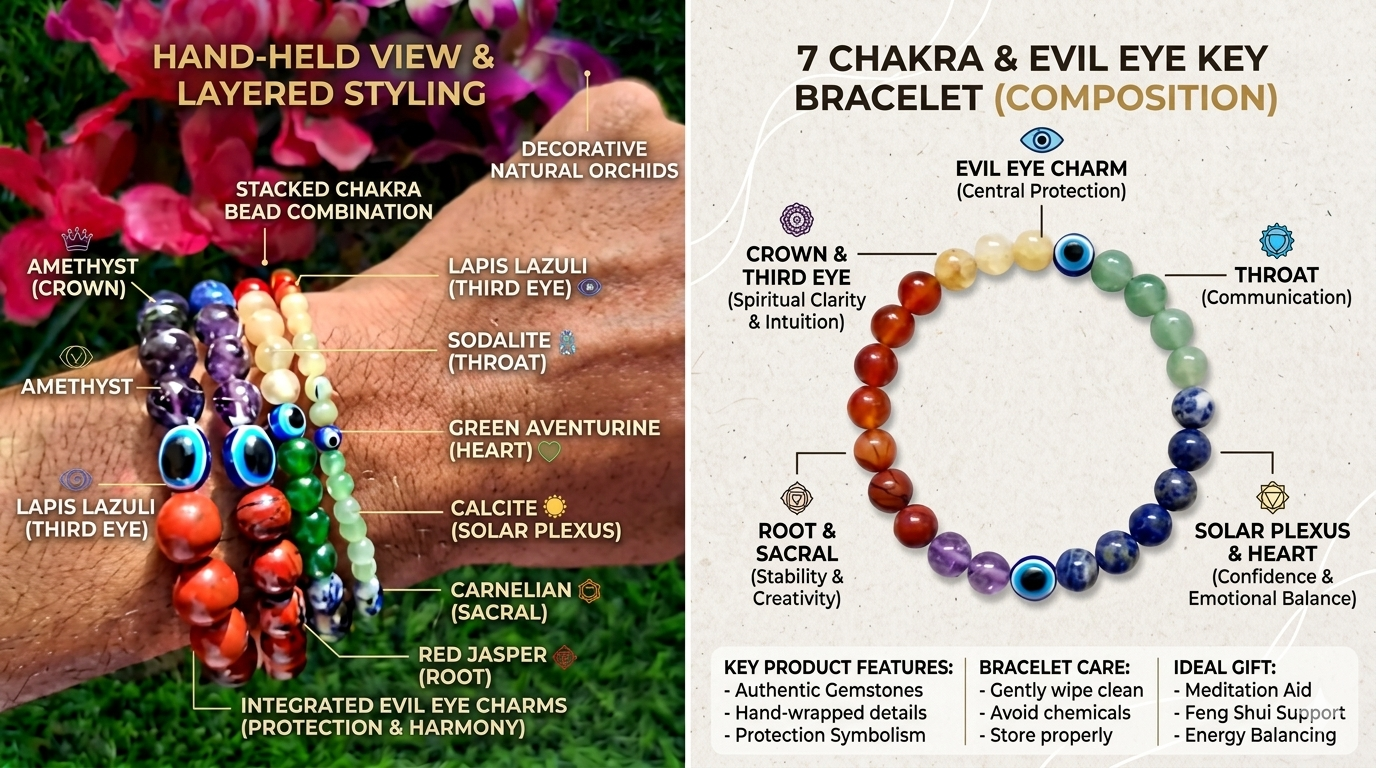 7 chakra bracelet with evil eye
