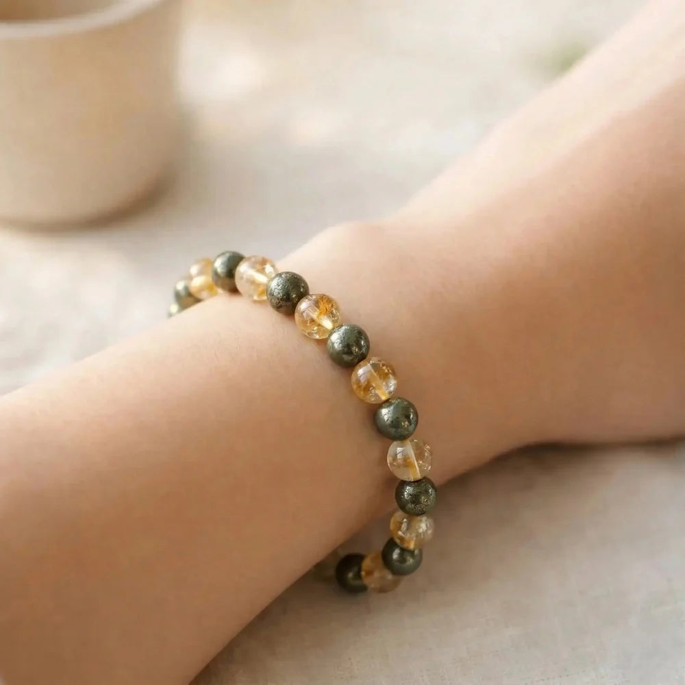 Citrine & Pyrite Round Bead Bracelet (Wealth and Money) Money Magnet Bracelet)