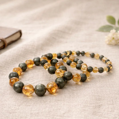 Citrine & Pyrite Round Bead Bracelet (Wealth and Money) Money Magnet Bracelet)